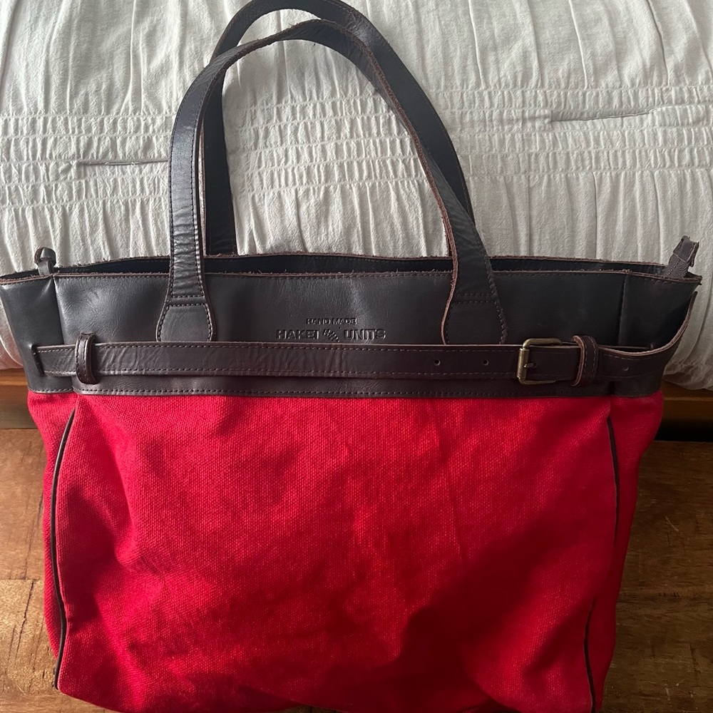 Hakei Red Cloth and Brown Leather Tote Bag